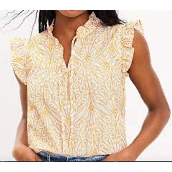 LOFT Tops - LOFT Embroidered Ruffle Top‎ Women XXS Yellow White EUC Boho Cap Sleeve Feminine